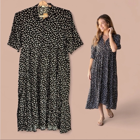 Natural Life Rebecca Midi Dress Black Cream Roses Sz XL NWT Empire Waist Flowy - Picture 1 of 16